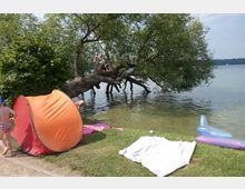 Ein Badeplatz an einem See mit grasbedecktem Ufer, einem orangen Zeltschirm, Luftmatratzen und Handtüchern. Im Hintergrund ragt ein Baum mit ausladenden Ästen ins Wasser, auf denen Kinder spielen.