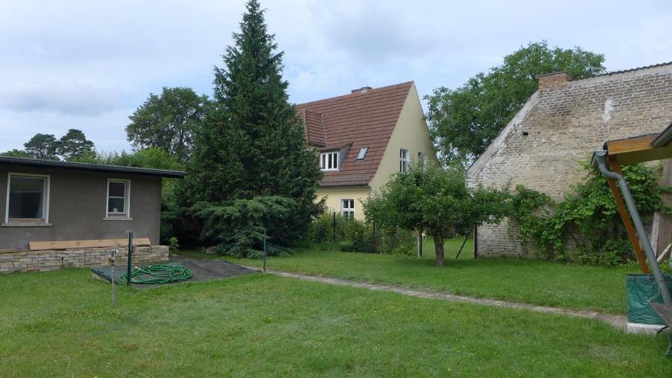 Grasbewachsener Hofgarten mit schmalem Weg, hohen Nadel- und Laubbäumen sowie einigen Obstbäumen. Im Hintergrund stehen ein zweigeschossiges Wohnhaus mit rotem Satteldach, ein flacher Anbau links und eine große gemauerte Scheunenwand rechts, teils mit Kletterpflanzen bewachsen.