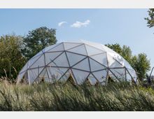 Kuppelförmige Struktur mit einem geometrischen Holzrahmen und lichtdurchlässiger Verkleidung, umgeben von einer Wiese mit hohem Gras und Bäumen im Hintergrund unter klarem Himmel.