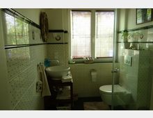 Ein kleines Badezimmer mit hell gefliesten Wänden und einer dunklen Bordüre. Links steht ein Waschbecken auf einem hölzernen Unterschrank, rechts eine Toilette neben einer Glas-Duschkabine. Im Hintergrund sind zwei Fenster mit Jalousien und darüber kleine Pflanzen und Dekorationen.