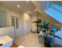 Modernes Badezimmer mit Dachschräge, einem großen Dachfenster, einer freistehenden Badewanne mit hellblauen Fliesen, einer Hänge-Wandtoilette und einem Heizkörper an der Wand. Im Vordergrund steht eine große grüne Pflanze, und an der Wand befindet sich ein Regal.