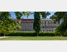 Mehrfamilienhäuser mit klassischer Fassade und rotem Ziegeldach stehen hinter einer Hecke, die an eine offene Grünfläche grenzt. Im Vordergrund sind Bäume mit überhängenden Ästen und eine parkähnliche Wiese sichtbar.