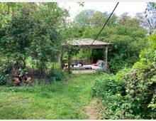 Ein Garten mit viel grüner Vegetation und einem überdachten Holzpavillon, der mit Kissen und einer Sitzbank ausgestattet ist. Links im Bild sind Hühner unter Bäumen und Büschen zu sehen.