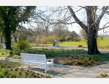 Parklandschaft mit einer weißen Bank auf einem steinernen Weg im Vordergrund, umgeben von niedrigen Pflanzen und Bäumen ohne Laub. Im Hintergrund steht eine moderne, geschwungene Metallskulptur auf einer freien Wiesenfläche.