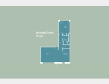 Grundriss einer 55 qm großen Wohnung mit den beschrifteten Räumen: Schlafzimmer, Badezimmer, Flur, Küche mit Essbereich und Wohnzimmer. Der Hintergrund ist in einem hellgrünen Farbton gehalten.