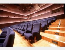 Innenansicht eines modernen Vortragssaals mit ansteigenden Sitzreihen aus gepolsterten, blau bezogenen Stühlen auf Holzboden. Die Wände sind mit Akzentbeleuchtung und eingebauten Lautsprechern ausgestattet, und die Decke hat eine wellenartige Metallverkleidung.