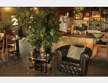 Wohnzimmer mit offener Küche, dekoriert mit einer großen Zimmerpflanze, einer schwarzen Ledersessel und einem Metall-Servierwagen. Im Hintergrund stehen Holzstühle und ein Esstisch sowie eine Küchenzeile mit bunten Fliesen und Hängeregalen.