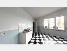 Ein leerer Raum mit hellblauen und weißen Wänden, einer einfachen Küchenspüle mit Schrank und schwarz-weiß kariertem Fliesenboden. Auf der rechten Seite befindet sich ein großes Fenster mit Blick nach draußen, und eine Tür führt in einen angrenzenden Raum.