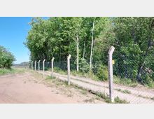 Ein unbefestigter Weg verläuft entlang eines hohen Maschendrahtzauns mit Betonpfosten, der eine dichte Baumreihe und Vegetation abgrenzt. Der Himmel ist klar und blau, und der Bereich wirkt abgelegen.