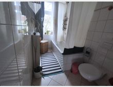 Narrow tiled bathroom with a bathtub along the right wall and a white shower curtain, opening toward a large window at the far end. A black-and-white striped rug runs down the center, with a wicker hamper and potted plants near the window and a wall-mounted toilet in the foreground.