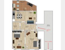 Grundriss einer Wohnung mit Markierungen der Räume und deren Größenangaben. Die Wohnung umfasst eine Küche, ein Badezimmer, zwei Wohn-/Arbeitszimmer, ein Sofabereich, einen Korridor und eine Terrasse mit Grill. Der Eingangsbereich und die Wohnungstür sind farblich und durch Pfeile hervorgehoben.