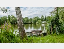 Ein ruhiger See umgeben von Bäumen und dichter Vegetation, mit einem flachen Ruderboot am Ufer, das von hohen Gräsern und lila Blüten eingerahmt wird. Im Hintergrund sind Wohnhäuser und ein wolkiger Himmel zu sehen.