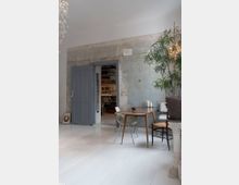 Heller Wohnraum mit weiß gestrichenem Holzboden, einer rustikalen Wand mit abgeblättertem Putz und einer grauen Tür, die zu einem Raum mit Regalen führt. Im Vordergrund stehen ein Holztisch mit Stühlen sowie eine große Zimmerpflanze auf der rechten Seite.