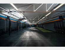 Großer Innenraum eines Fitnessstudios mit hohen Decken, viel Tageslicht durch Dachfenster und hängenden Beleuchtungsleisten. Links befinden sich schwarze Metallsysteme für Klimmzüge und Seile, rechts ist ein grüner Bodenstreifen und eine Reihe von Rudergeräten sichtbar.