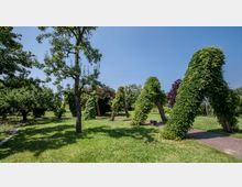 Grüne Parklandschaft mit Wegen und gebogenen Holzgestellen, die von üppigen Kletterpflanzen bewachsen sind. Im Hintergrund stehen Bäume und weitere Vegetation unter einem klaren blauen Himmel.