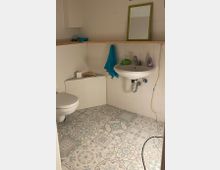 Kleines Badezimmer mit weiß gefliesten Wänden, gemustertem Fliesenboden in Pastelltönen, einer wandhängenden Toilette und einem Waschbecken mit Spiegel in grünem Rahmen. Auf einem schmalen Regal oberhalb des Waschbeckens liegen Handtücher, daneben hängt ein blaues Handtuch.