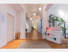 Ein moderner Büroflur mit hellen Wänden, Holzfußboden und mehreren hängenden Kugelleuchten. Rechts neben dem Eingang steht ein Empfangstresen mit einer Pflanze, im Hintergrund ist ein gelbes Sofa vor weißen Vorhängen zu sehen.