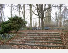 Steinerne Treppe in einem herbstlichen Park mit Laub bedeckt, umgeben von kahlen Bäumen und Büschen. Im Hintergrund sind eine Steinmauer mit Graffiti sowie ein großer Baum und eine Parkbank sichtbar.