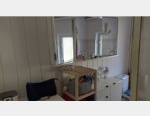 Kleines Badezimmer mit weiß vertäfelten Wänden, einem großen Spiegelschrank über einem Waschbecken und einem Milchglasfenster. Im Raum stehen ein Holzregal und ein weißer Unterschrank, rechts ist ein WC zu sehen.