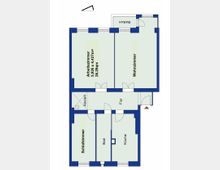 Grundriss einer Wohnung mit markierten Räumen: Arbeitszimmer, Wohnzimmer, Schlafzimmer, Bad, Küche, Abstellraum und Flur. Der Balkon grenzt an das Wohnzimmer, und die Räume sind durch Türen miteinander verbunden.