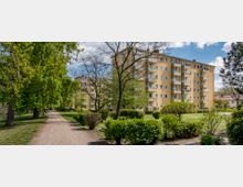 Mehrstöckige Wohnhäuser mit gelber Fassade und zahlreichen Balkonen stehen in einer grünen Parklandschaft mit Gehwegen, Büschen und Bäumen unter einem bewölkten Himmel.