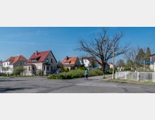 Straßenszene in einem Wohngebiet mit freistehenden Einfamilienhäusern, roten Ziegeldächern und gepflegten Gärten. Im Vordergrund ein kahler Baum, ein Straßenschild mit „Immanuel-Kant-Straße“ und eine Person auf einem Fahrrad.