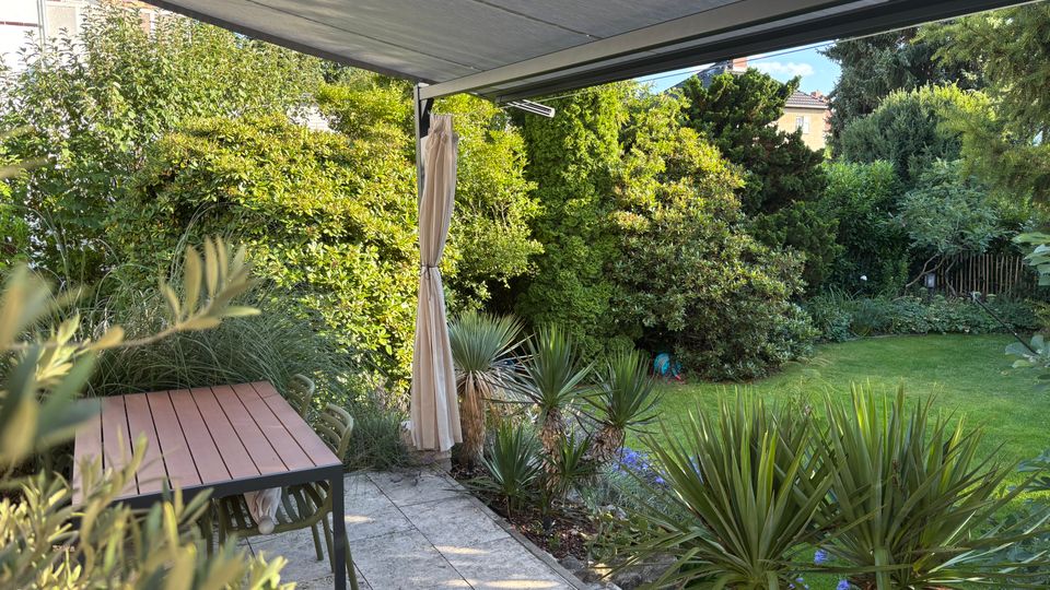 Überdachte Gartenterrasse mit Steinplatten, Esstisch und Stühlen unter einer Markise mit seitlichem Vorhang. Daneben ein gepflegter Rasen und dichter Gartenbewuchs mit Sträuchern, Nadelbäumen und palmenähnlichen Pflanzen entlang der Beetkante.
