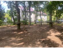 Ein Spielplatz im Freien mit Kletterelementen wie Plattformen, Seilen und schrägen Holzstufen, die zwischen mehreren Bäumen angebracht sind. Im Hintergrund steht ein weißes Gebäude mit rotem Dach, umgeben von Zäunen und dichtem Grün.