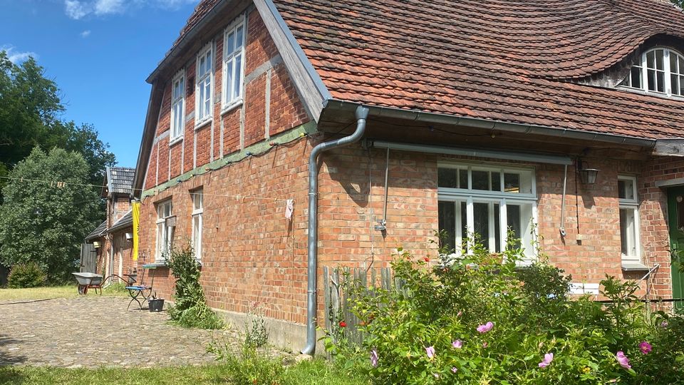 Backsteinhaus im ländlichen Stil mit rotem Ziegeldach, weißen Sprossenfenstern und Regenrinne an der Traufseite. Davor liegen eine gepflasterte Hoffläche und ein Garten mit Gras, blühenden Sträuchern und kleinem Holzzaun unter blauem Himmel.
