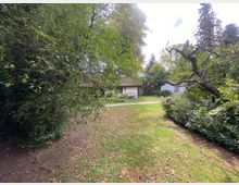 Eine grüne Gartenlandschaft mit Rasen, Bäumen und Büschen. Im Hintergrund befindet sich ein kleines Gebäude mit Schilfdach, einer bemalten Wand und einer blauen Bank davor.