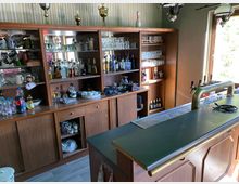 Holzvertäfelte Bar mit einer Theke aus dunklem Material und Zapfhähnen aus Metall im Vordergrund. Im Hintergrund stehen Regale mit Gläsern, Flaschen und Trophäen vor einer Wand mit gestreifter Tapete; Tageslicht fällt durch ein Fenster ein.