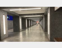 Ein moderner U-Bahn-Durchgang mit grauen Steinwänden und -säulen, beleuchtet durch vertikale Leuchtstofflampen. Im Hintergrund sind ein rotes Ausgangsschild und eine große Uhr sichtbar, während wenige Personen den Korridor entlanggehen.