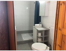 Kleines Badezimmer mit weißen Wandfliesen und grauen Bodenfliesen. Zu sehen sind eine Dusche mit Vorhang, ein Waschbecken auf einem grauen Schrank mit offenen Regalfächern sowie eine Toilette, aufgenommen durch eine Holztür.