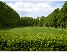 Weitläufiger Park mit einer zentralen Rasenfläche, umgeben von symmetrischen Baumreihen, im Hintergrund eine kleine Säulenstruktur. Ein niedriger Buchsbaumheckenstreifen dominiert den Vordergrund.