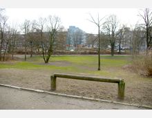 Ein offener Park mit vereinzelt stehenden Bäumen und einer Wiese, die teilweise braune, kahle Flächen zeigt. Im Hintergrund sind Wohngebäude und parkende Autos zu sehen, während im Vordergrund ein einfacher Holzabsperrbalken den Weg begrenzt.