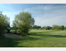 Ein Golfplatz mit einer offenen, grasbewachsenen Fläche, umgeben von Bäumen und Sträuchern. Ein Golfcart steht auf einem schmalen Weg aus Holz, der durch das Grün führt; der Himmel ist klar mit wenigen Wolken.