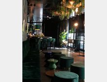 Luxuriöses, dunkel gehaltenes Lounge-Interieur mit grünen Samtpolstern, runden Hockern und niedrigen Tischen. Pflanzen und hängende Blumenarrangements schmücken den Raum, der zudem mit schwarzem Glanzdekor und gedämpfter Beleuchtung gestaltet ist.