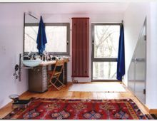 Modernes Badezimmer mit Holzboden, einem kleinen Waschtisch und Spiegel an der linken Wand, flankiert von zwei Fenstern mit Blick ins Freie. Ein roter Heizkörper befindet sich zwischen den Fenstern, und ein bunter Teppich bedeckt den Boden in der Mitte des Raums.