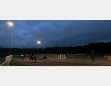 Reitplatz bei Dämmerung, beleuchtet von hohen Straßenlampen, mit mehreren Reitern auf Pferden und Hindernissen in der Mitte. Im Hintergrund sind Bäume und ein dunkler Himmel zu sehen.