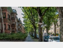 Eine baumbestandene Wohnstraße mit mehrstöckigen Wohnhäusern im Stil der frühen Moderne auf der linken Seite. Im Vordergrund befinden sich Straßenschilder mit den Bezeichnungen „Hortensienplatz“ und „Tulpenstraße“, während parkende Autos die rechte Straßenseite säumen.