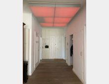 Flur in einer Wohnung mit Holzboden, weißen Wänden und einer weißen Eingangstür. An der Decke befinden sich beleuchtete Paneele mit rötlichem Licht.