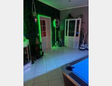 Innenraum eines Wohnzimmers mit dunkel gemusterter Wandtapete, einer Tür mit grünem LED-Lichtrahmen und hell gefliestem Boden. Rechts stehen eine weiße Glasvitrine mit Pflanzen und ein Reinigungsgerät, im Vordergrund ist eine Ecke eines Billardtisches zu sehen.