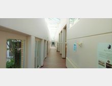 Ein heller, schmaler Korridor mit hohen weißen Wänden, großen Glasfenstern auf der linken Seite und mehreren Türen auf der rechten Seite. Oberlichter lassen natürliches Licht herein, und an den Wänden befinden sich Informationsplakate.