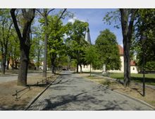 Baumbestandene Allee mit einem gepflasterten Weg, der zu einer Kirche mit weißer Fassade und spitzem Turm führt. Im Vordergrund stehen Laternen, Bäume und Bänke, umgeben von einer parkähnlichen Grünfläche.