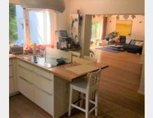 Helle, offene Wohnküche mit einer Kücheninsel aus Holz und weißem Stauraum, ausgestattet mit einem Kochfeld und Barhockern. Im Hintergrund ein Wohnbereich mit Holzboden, einem großen Sofa und Glastüren, die zu einem Garten führen.