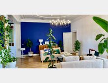 Wohnzimmer mit blauer Akzentwand, Holzboden und eleganter Stuckdecke mit einem modernen Kronleuchter. Das Zimmer ist mit hellen Sofas, grünen Zimmerpflanzen und Holzmöbeln dekoriert, wodurch ein wohnliches und stilvolles Ambiente entsteht.