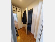 Schmaler Eingangsbereich einer Wohnung mit Parkettboden, einer offen stehenden Tür und einem an der Wand hängenden Mantel. Links befindet sich ein weißer Schrank mit darauf gestapelten Boxen, daneben ein Spiegel und ein kleines Regal mit Schuhen.