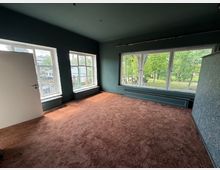 Leerer Innenraum mit dunkel gestrichenen Wänden und braunem Teppichboden, mit einer Tür links und mehreren großen, weiß gerahmten Fenstern. Durch die Fenster ist ein grüner Park mit Bäumen sichtbar; unter den Fenstern verlaufen niedrige Heizkörperverkleidungen.