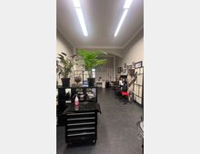 Ein moderner Raum, vermutlich ein Tattoo-Studio, mit grauem Boden, hohen Wänden und zwei Reihen von Arbeitsplatzbereichen mit schwarzen und roten Stühlen. Im Vordergrund stehen Regale mit Pflanzen und Werkzeugen, im Hintergrund sind gerahmte Wandbilder und Arbeitsgeräte sichtbar.