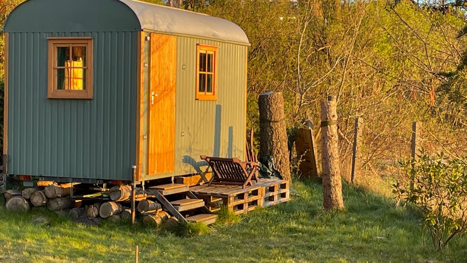 Kleiner Bauwagen mit gewölbtem Dach, grauer Holzverkleidung, Holztür und Fenstern, auf einem leicht erhöhten Podest mit Treppe und Paletten-Terrasse. Er steht auf einer Wiese am Waldrand, umgeben von Bäumen, Sträuchern und Holzpfosten.